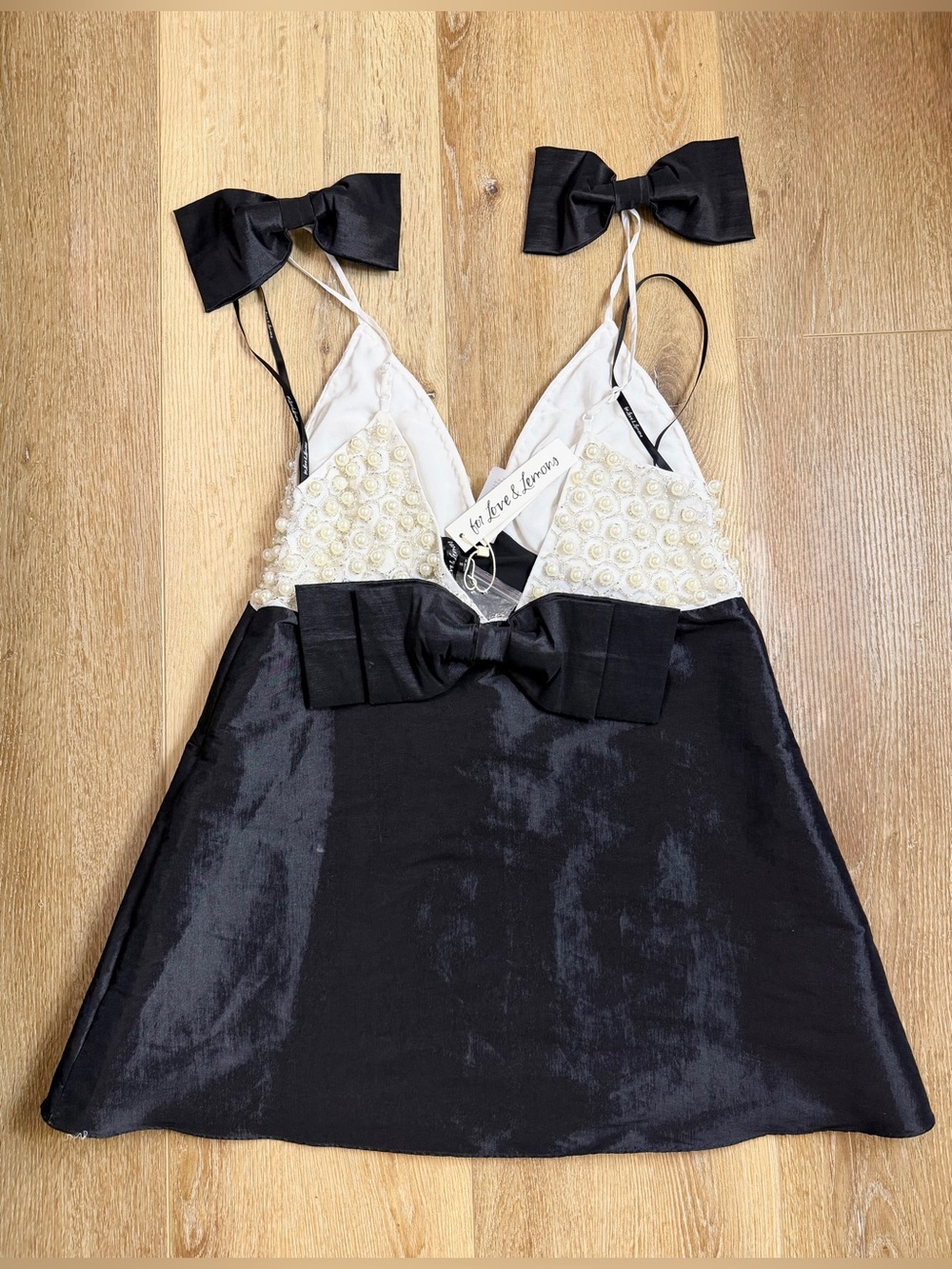 For Love & Lemons Pearly Bow Black Satin Mini Dress Size Small NWT - Picture 17 of 17